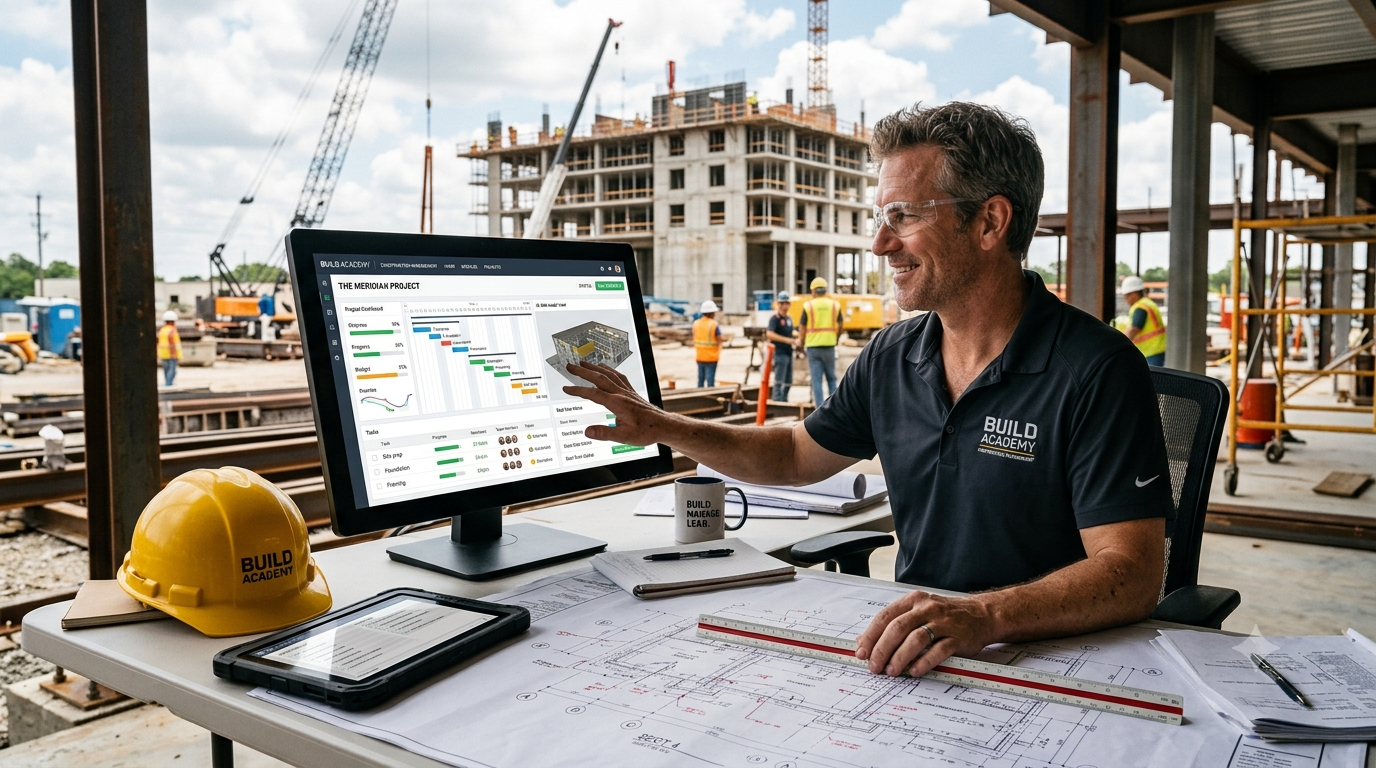 A construction project manager running SiteCommand on a laptop at an active jobsite